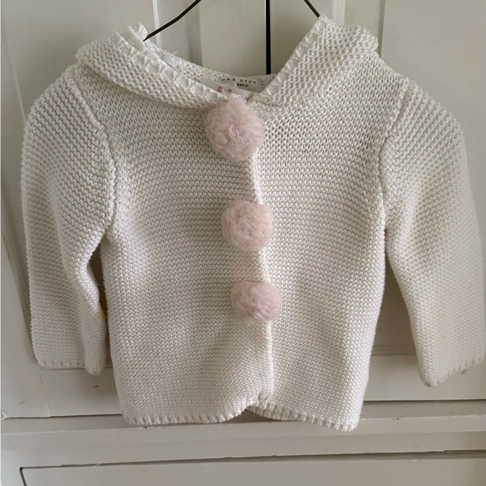 Max Studio Cozy White Knit Kids Jacket with Pink Accents